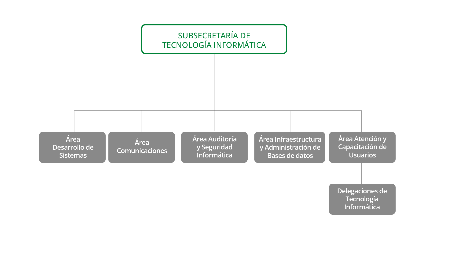 La Subsecretaría de Tecnología Informática se compone del área de Desarrollo de Sistemas, el área Comunicaciones, el área Auditoría y Seguridad Informática, el área Infraestructura y Administración de Bases de Datos y el área de Atención y Capacitación a Usuarios, aparte de las delegaciones departamentales.